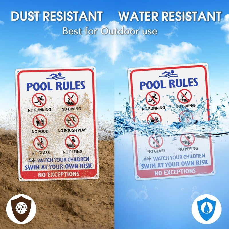 TR Pool Rules Sign with Symbols, No Diving, No Glass, No Food, No Peeing, Swim at Your Own Risk Sign - 2 Pack - 14"x10" .040 Rust Free Heavy Aluminum, Reflective, Waterproof and Fade Resistant, 4 pre-drilled holes, Easy to Mount - Image 4